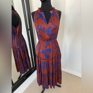 GAP Blue and Brown Floral Maxi tiered dress medium Petite euc